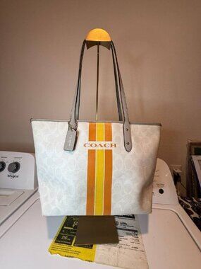 Coach Signature Stripe Tote Bag Cream Canvas Orange Yellow Logo Shoulder Bag